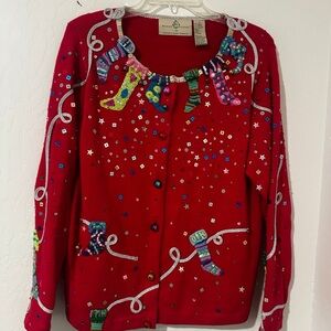 Festive Red Embellished Christmas Cardigan